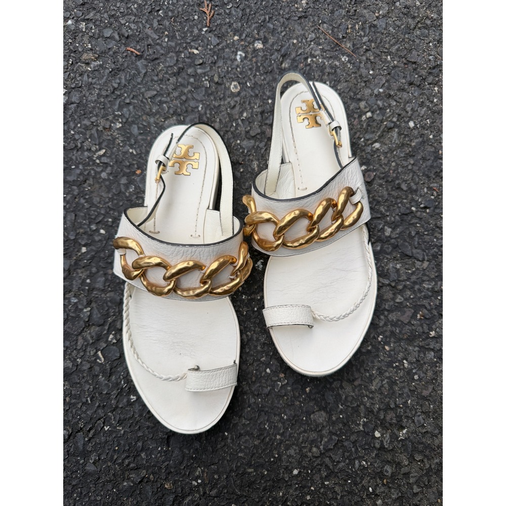 Tory Burch White Leather Gold Chain Toe Loop Slingback Sandals 81299 6M